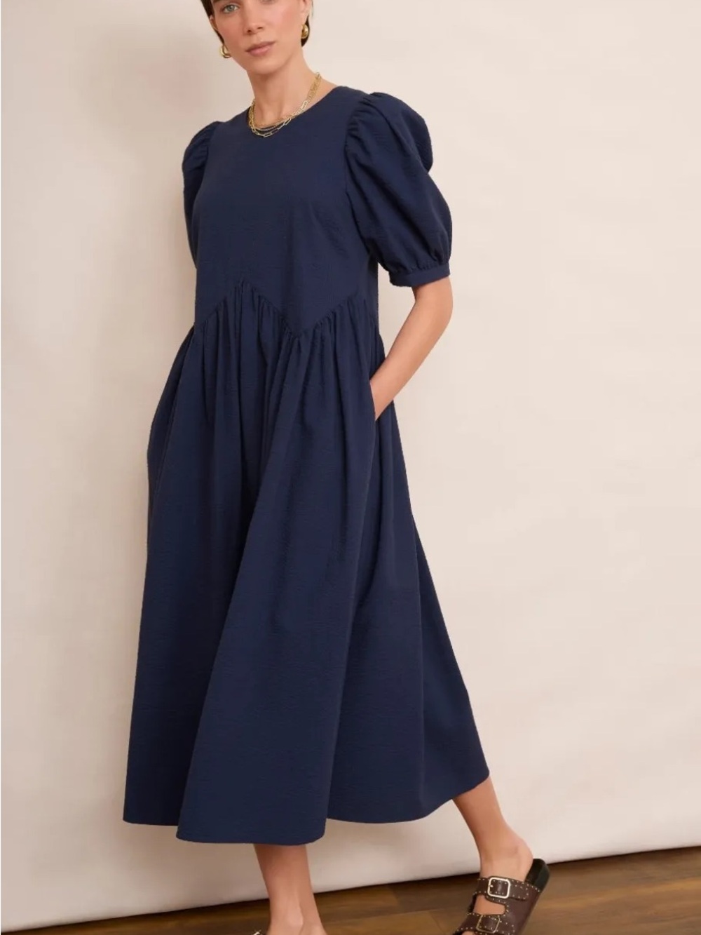 NWT WYSE London Navy Minela 100% Cotton Basque Waist Dress w/Pockets